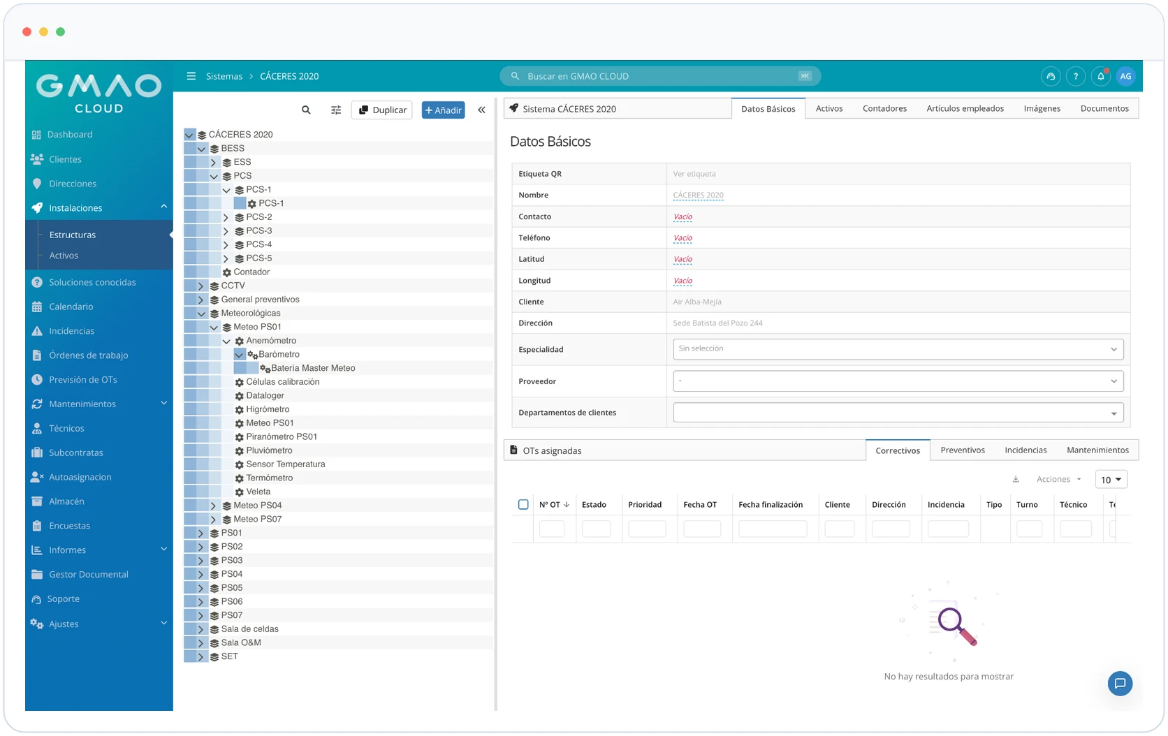 Jerarquía de instalaciones y activos en GMAO CLOUD