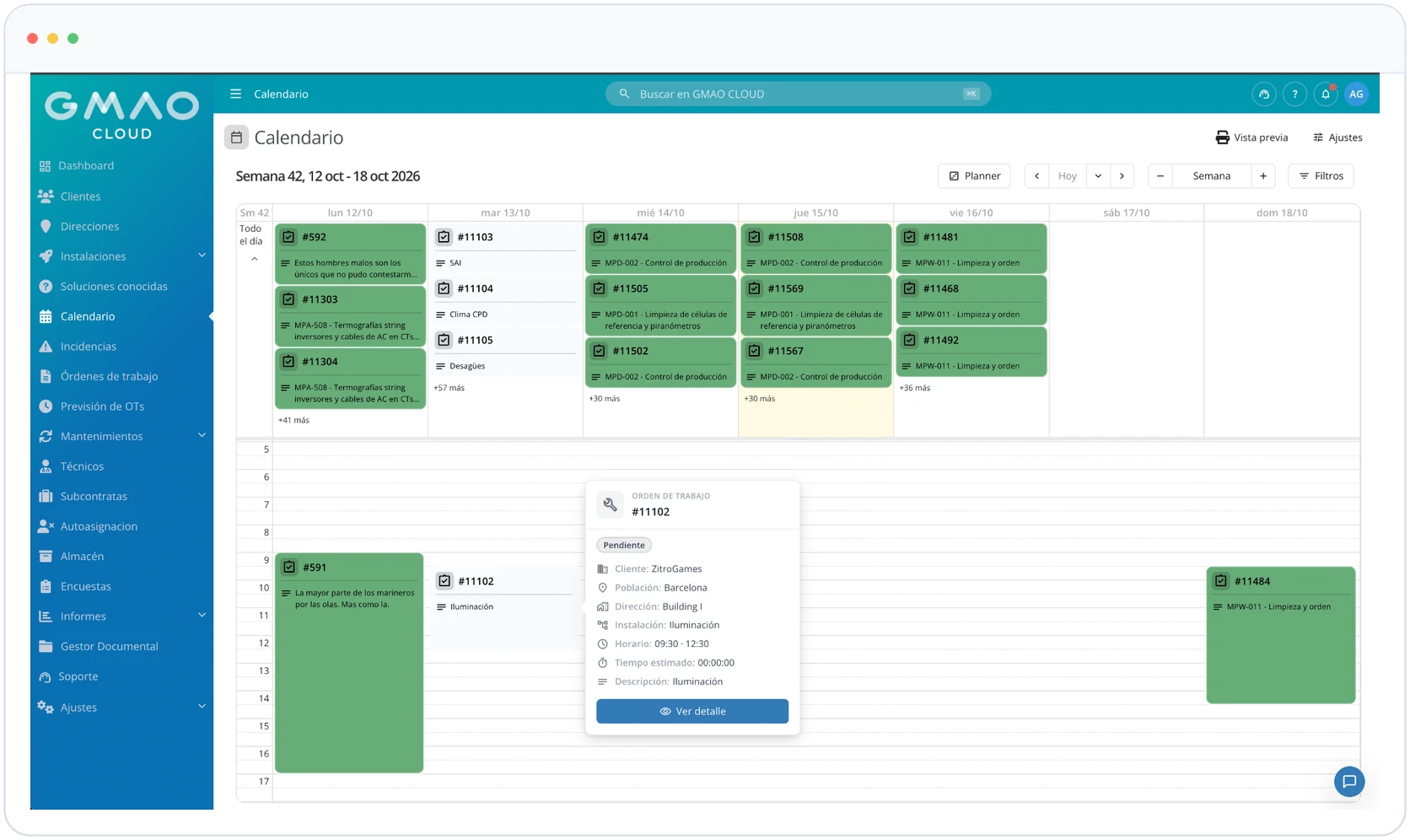 Calendario semanal para planificar órdenes de trabajo por técnico