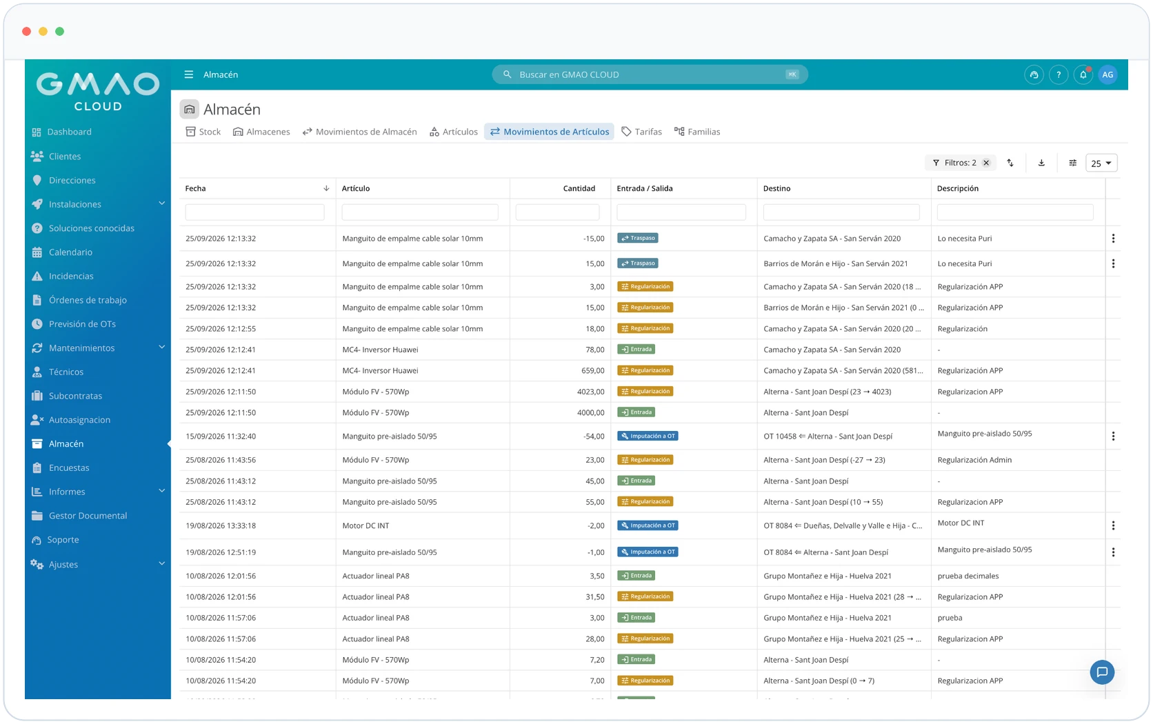 Movimientos de almacén registrados en GMAO CLOUD