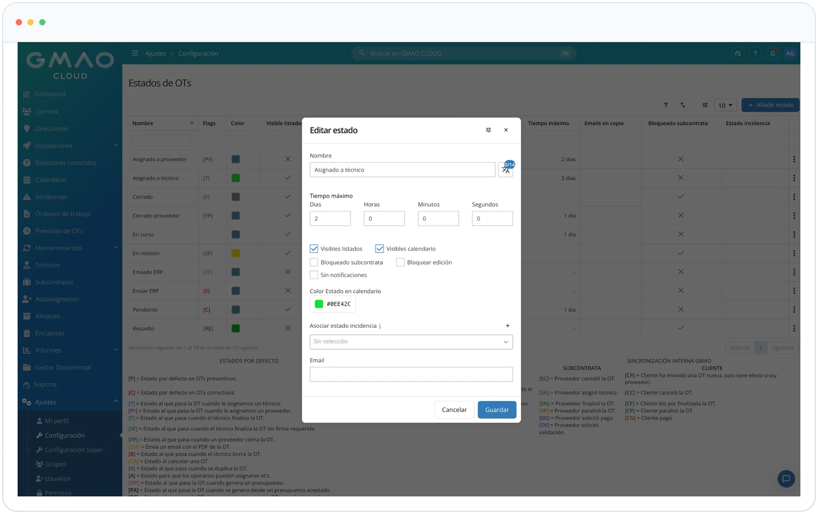 Configuración de los estados por los que pasa una orden de trabajo