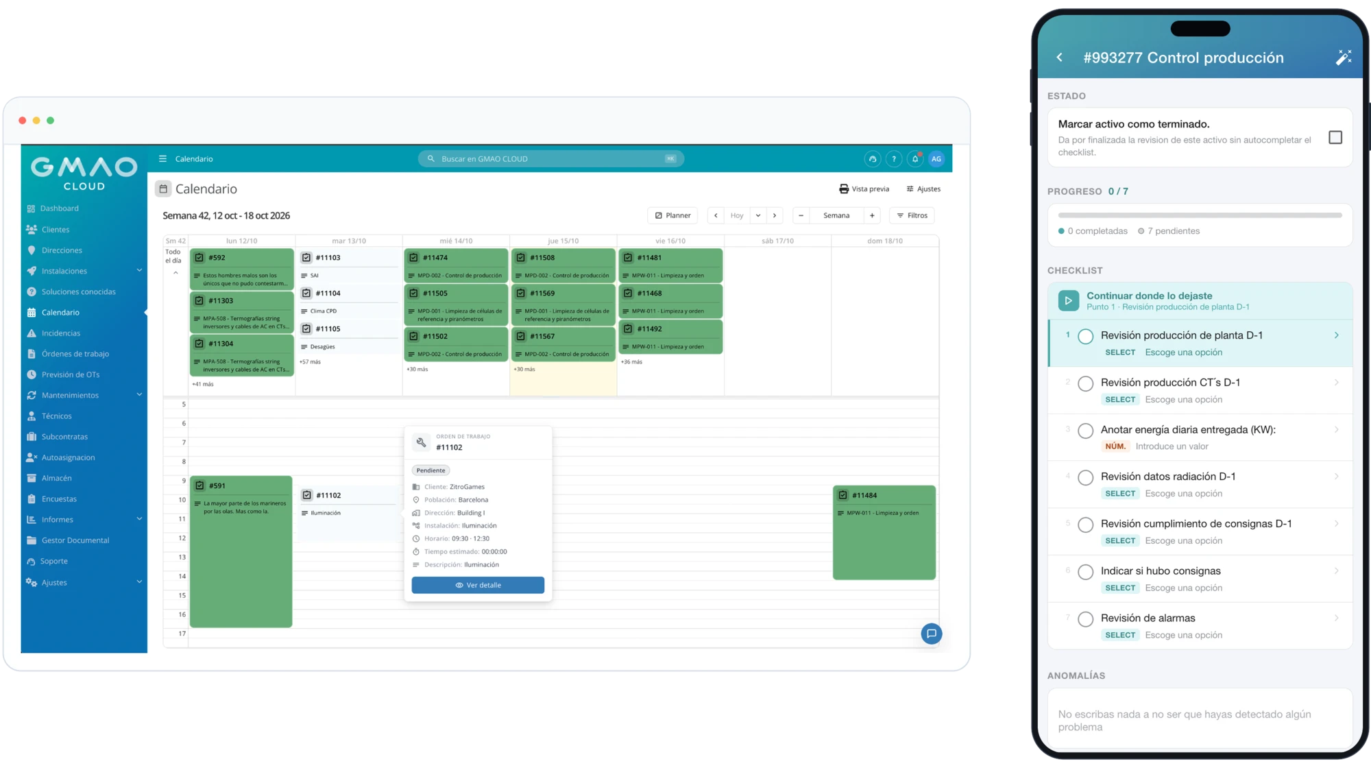 Planificación de órdenes en GMAO CLOUD y checklist en la app del técnico