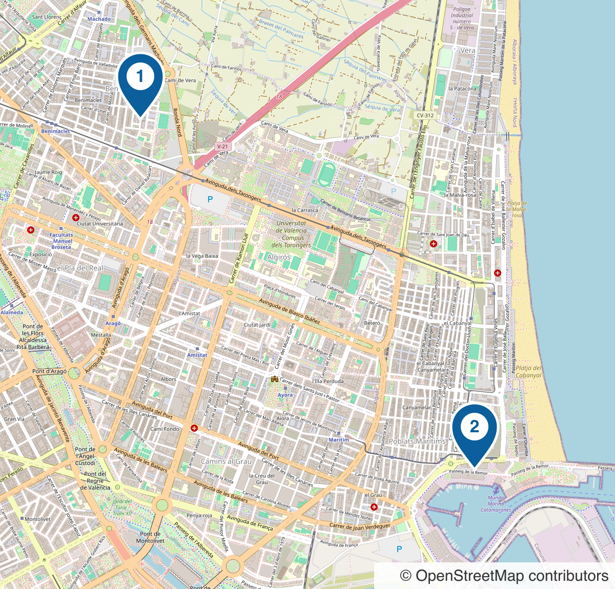 Map showing the GMAO CLOUD office in Benimaclet (1) and the Lanzadera headquarters at Marina de València (2)