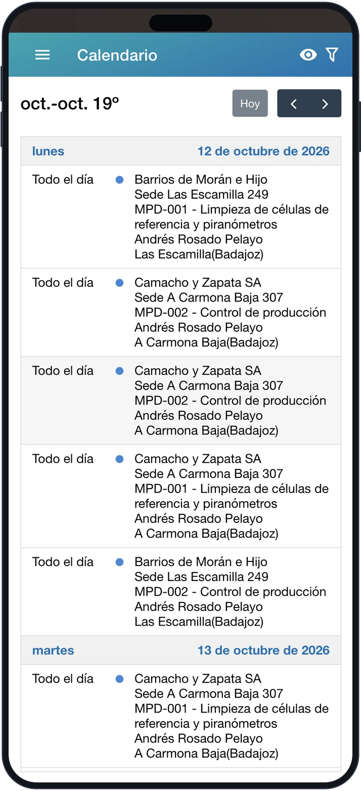 Agenda del técnico en la app móvil
