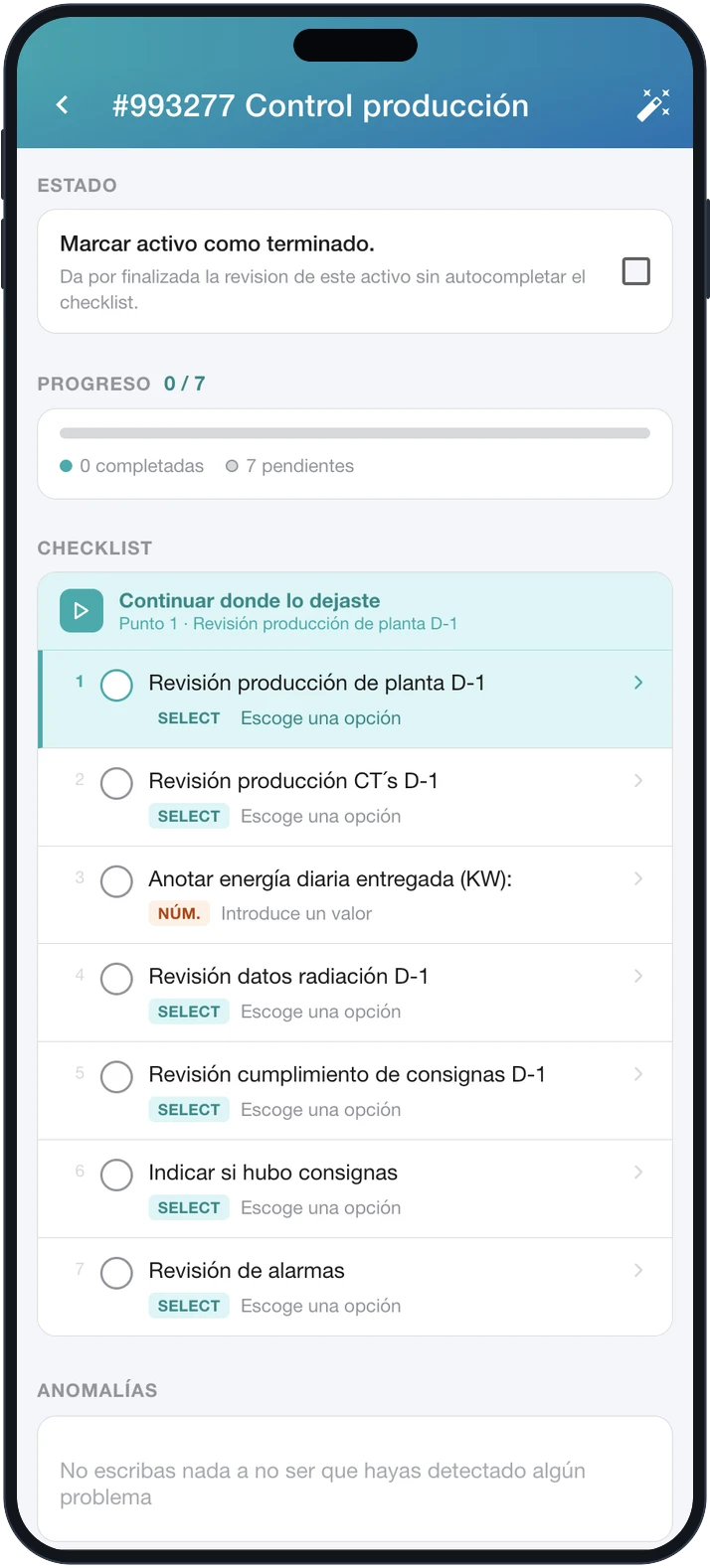 Checklist de mantenimiento en la app móvil para técnicos