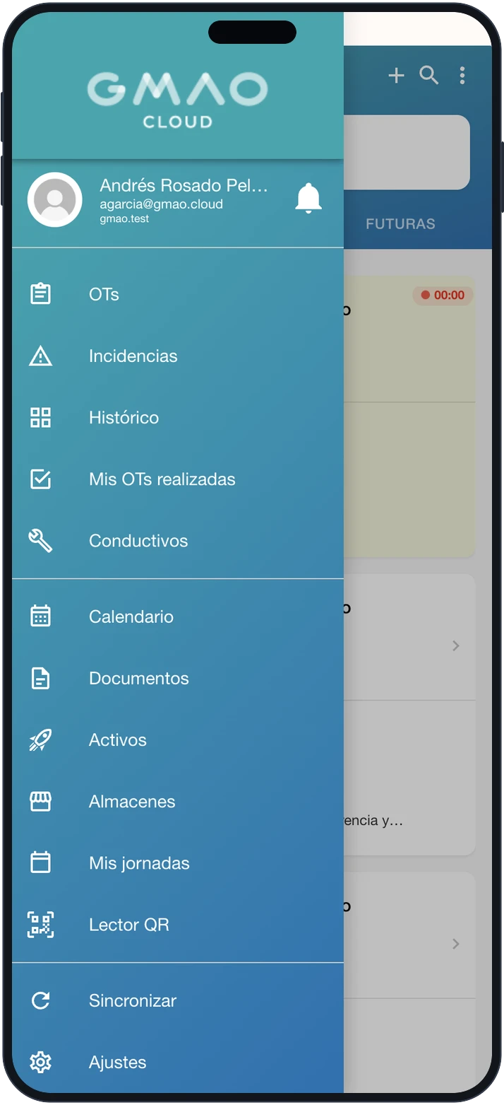 Menú de navegación de la app móvil de GMAO CLOUD