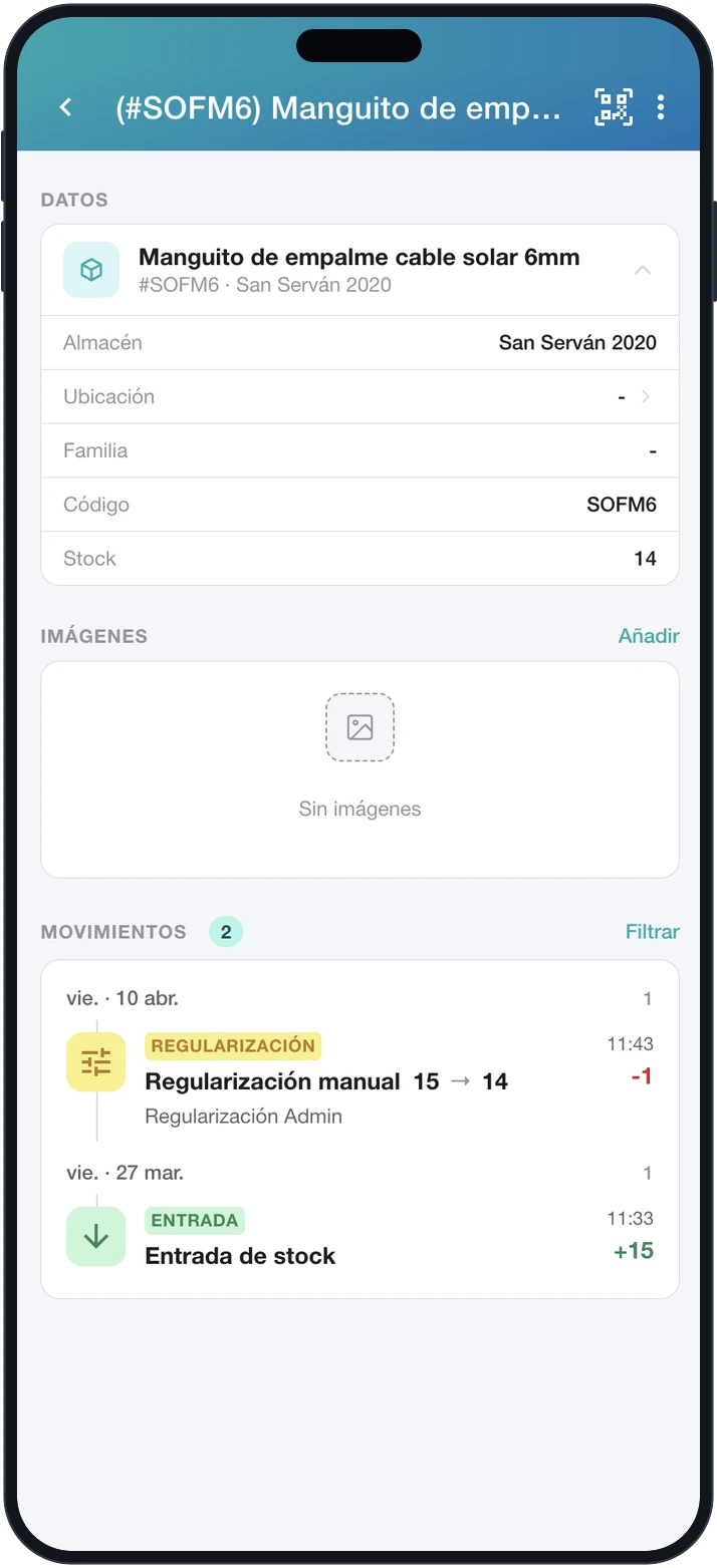 Artículo de almacén con su stock y sus movimientos en la app móvil