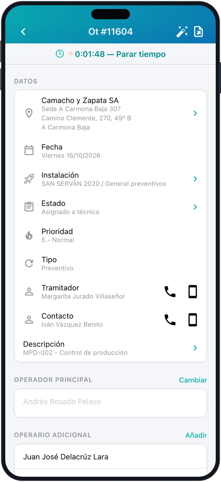 Orden de trabajo en la app del técnico con el cronómetro de tiempos en marcha