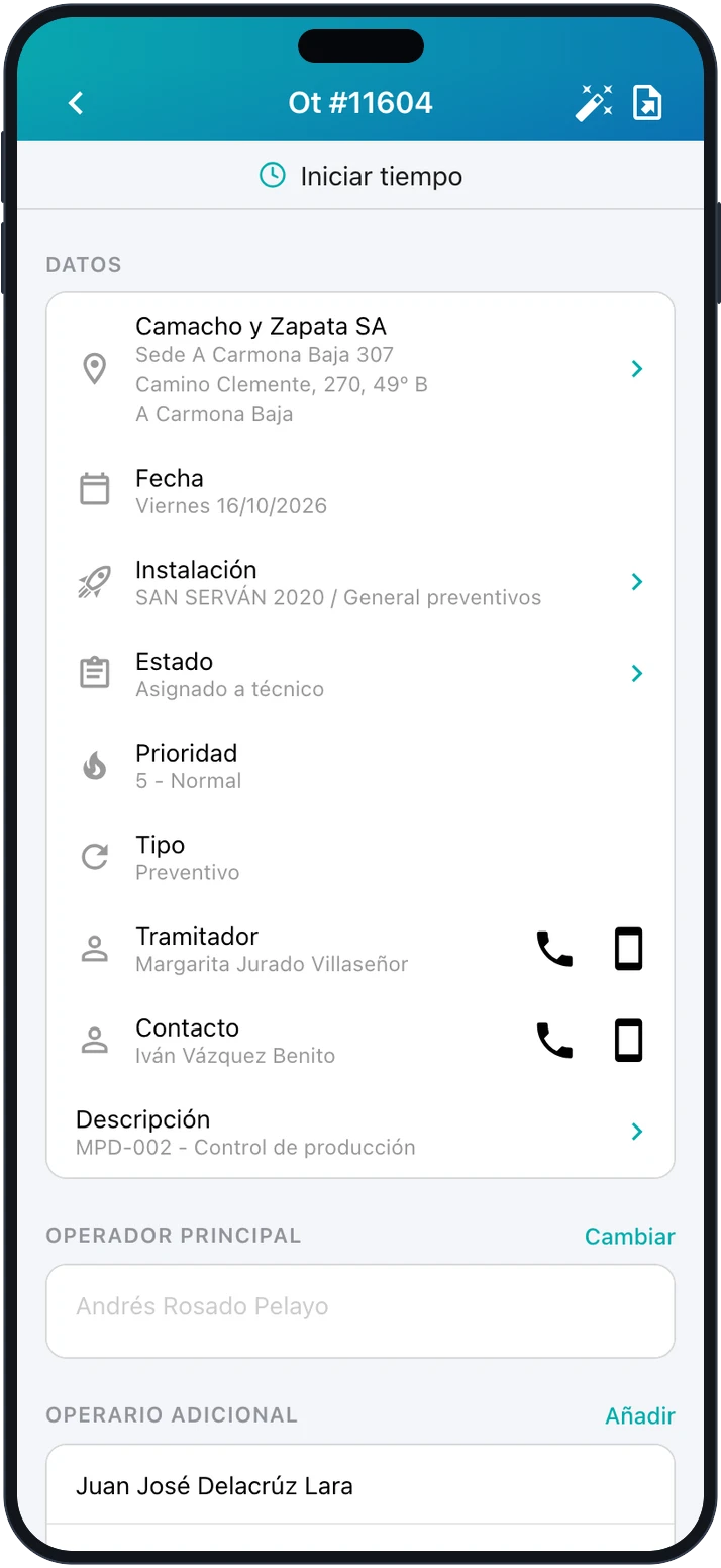Orden de trabajo abierta en la app del técnico, con su cliente, instalación, estado y botón para iniciar el tiempo