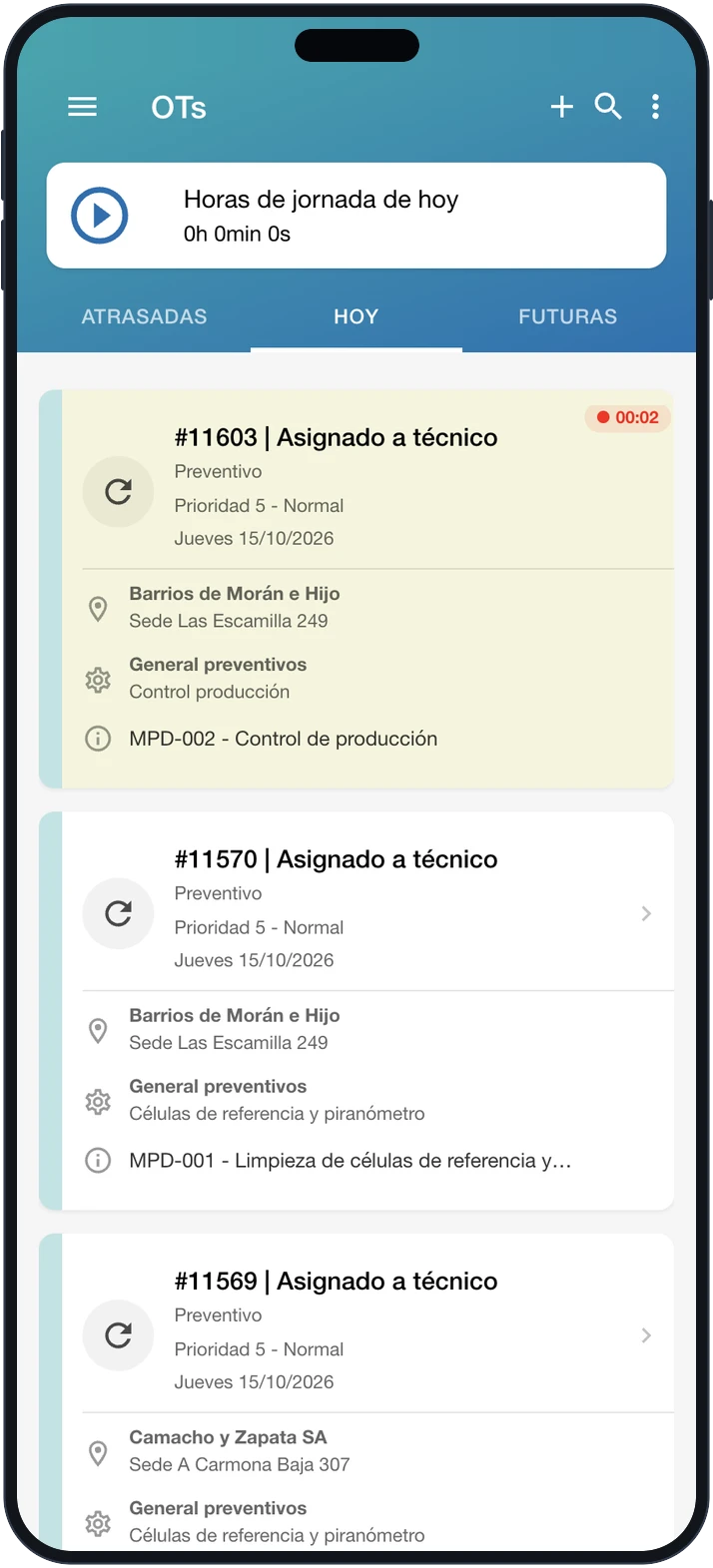 Listado de órdenes asignadas al técnico en la app móvil